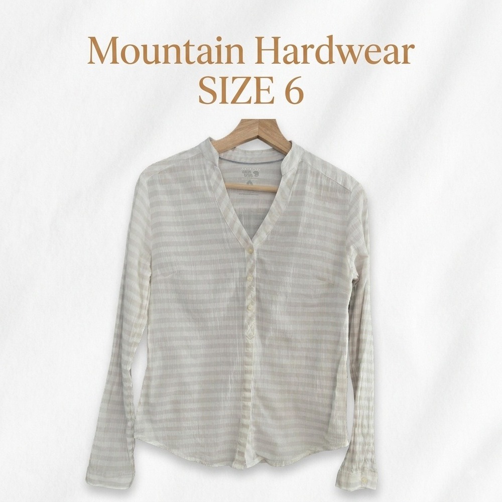 Mountain Hardwear Striped 100% Cotton Shirt Women 6 Beige Gorpcore - Picture 1 of 7